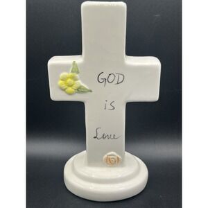 White‎ Porcelain Cross Vase w/ Yellow Flower & 'God Is Love' Religious